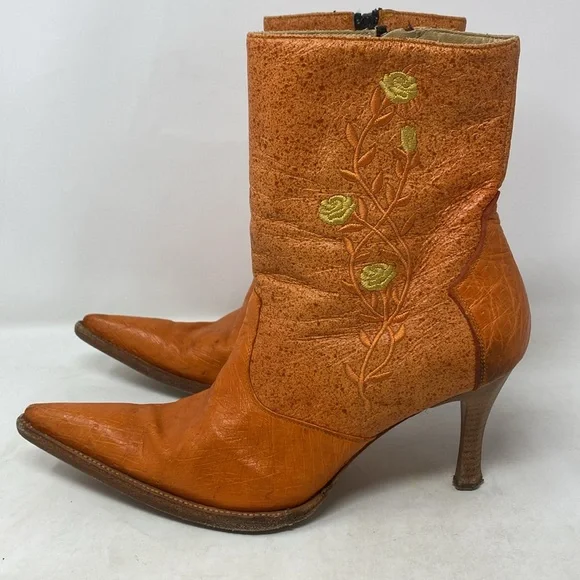 Lagarto Orange Yellow Embroidered Leather Point Toe Heeled Boots - Picture 6 of 12